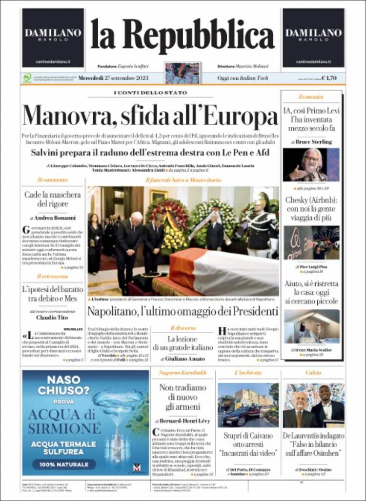 Portada de La Repubblica (Italia)