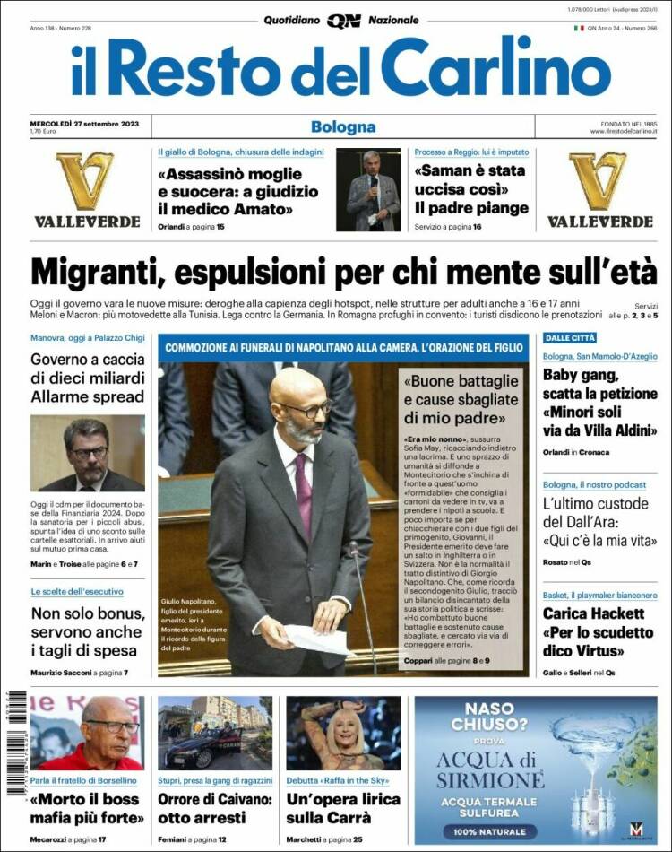 Portada de Il Resto del Carlino (Italia)