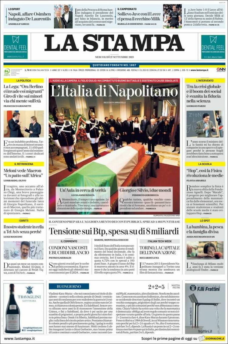 Portada de La Stampa (Italia)