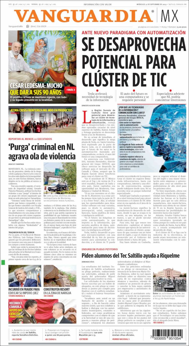 Portada de Vanguardia (Mexique)