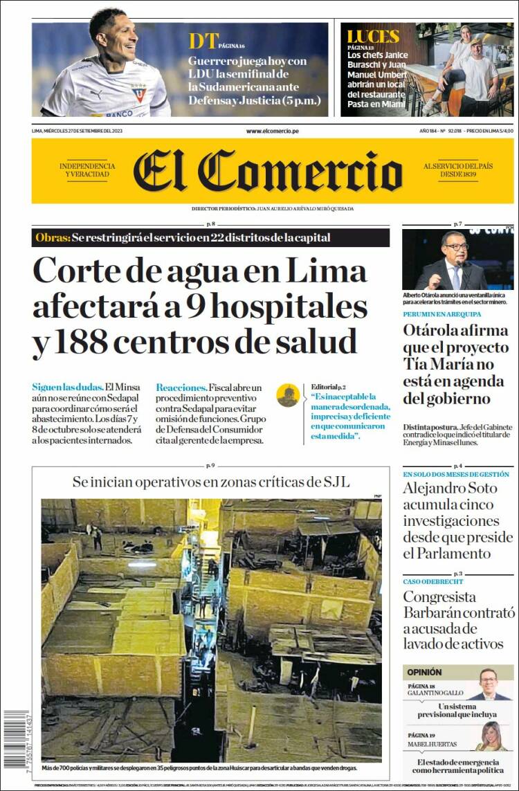 Portada de El Comercio (Per&uacute;)