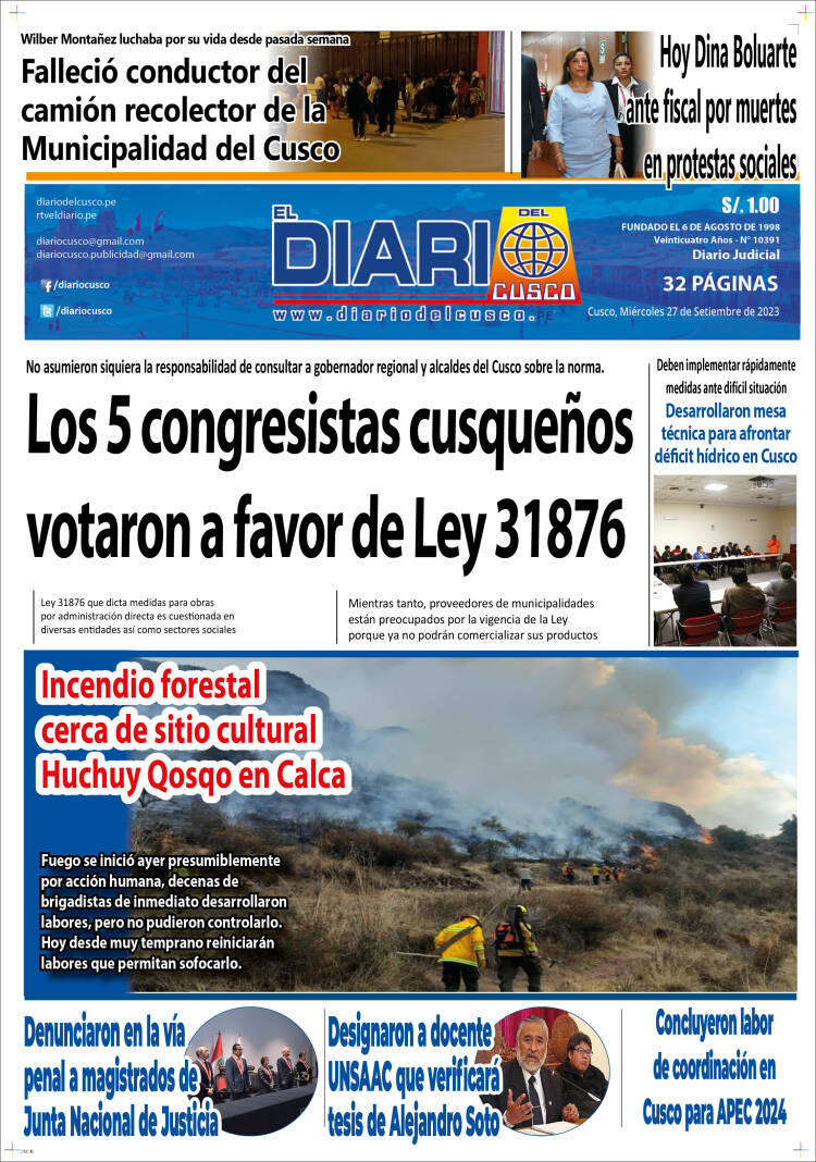 Portada de El Diario del Cusco (Per&uacute;)