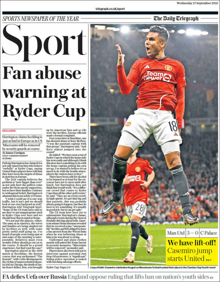 Portada de Telegraph Sport (Reino Unido)