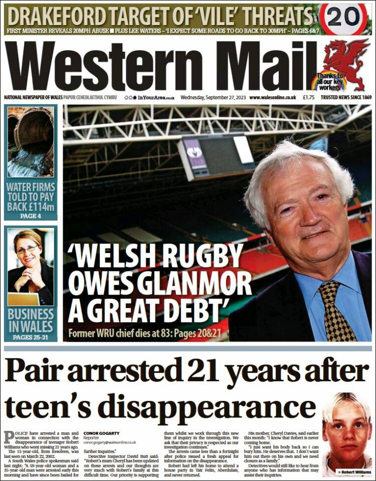 Portada de Western Mail (Reino Unido)