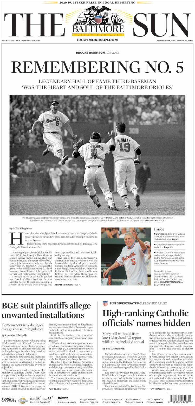 Portada de The Baltimore Sun (États-Unis)