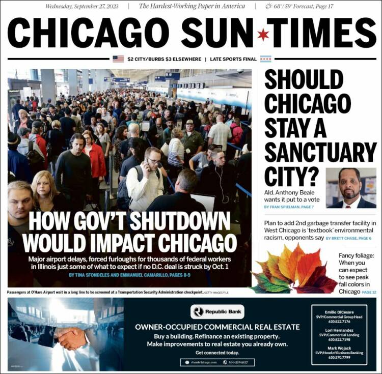 Portada de Chicago Sun-Times (États-Unis)