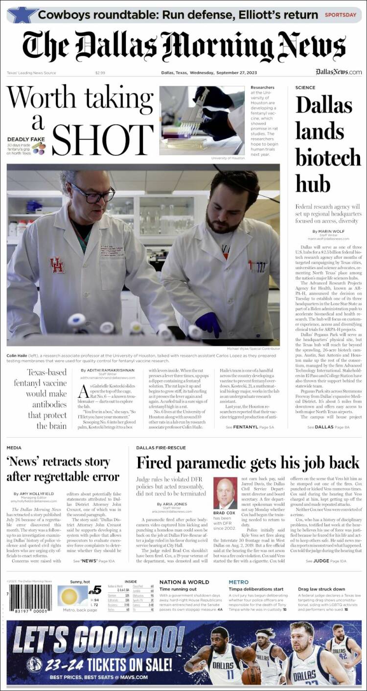 Portada de Dallas Morning News (États-Unis)