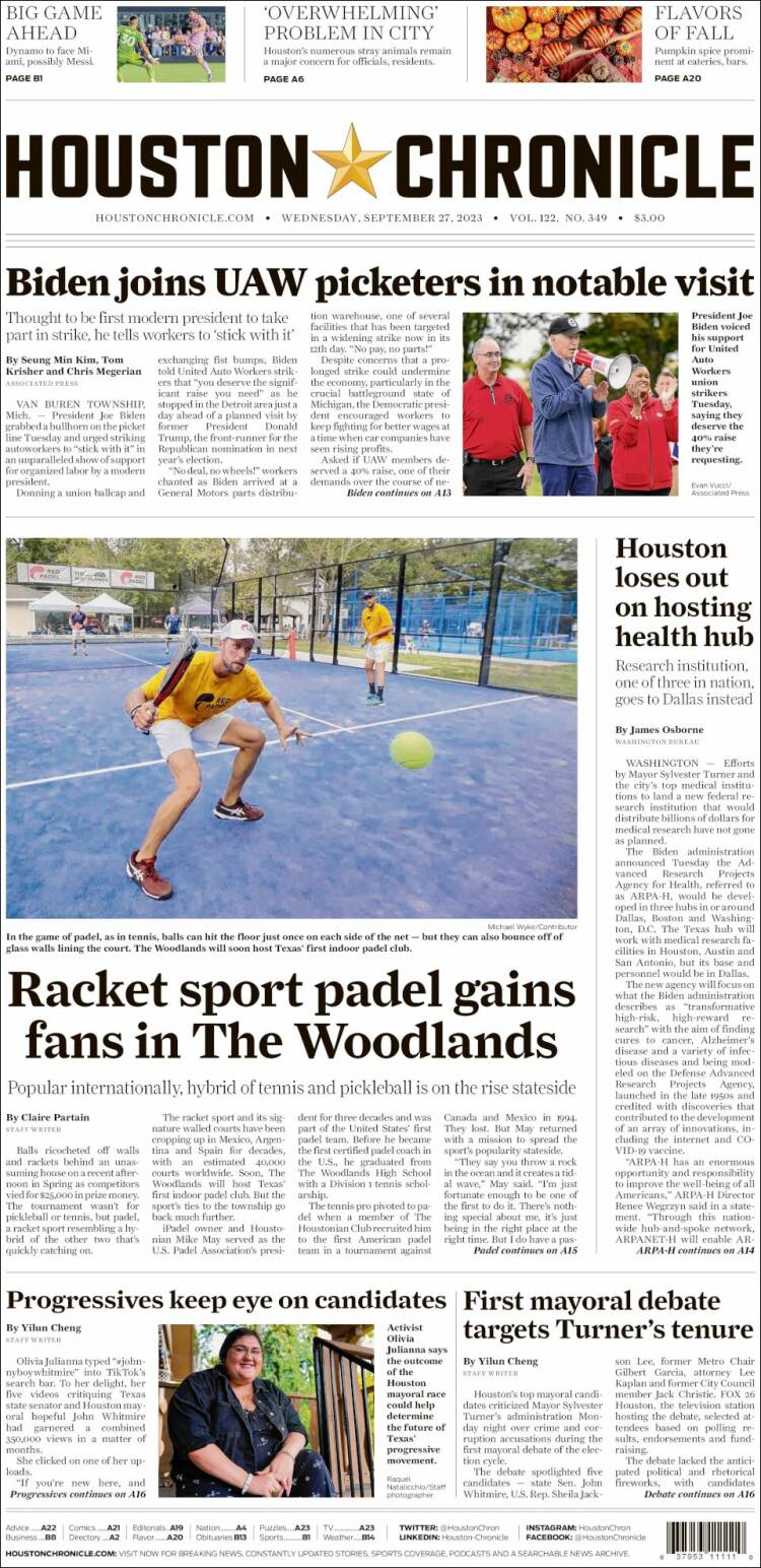Portada de Houston Chronicle (États-Unis)