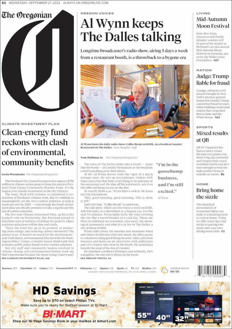 Portada de The Oregonian (États-Unis)