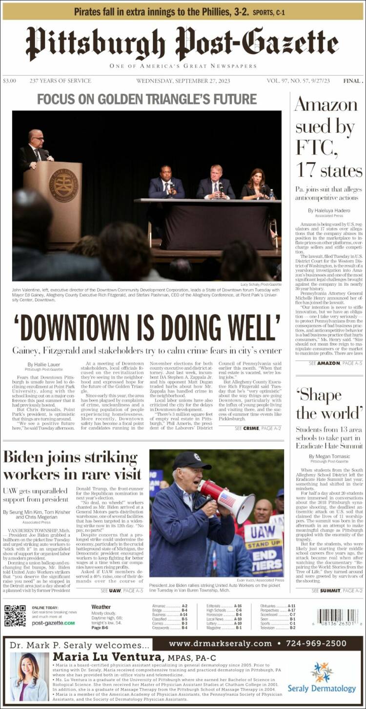 Portada de Pittsburgh Post-Gazette (États-Unis)