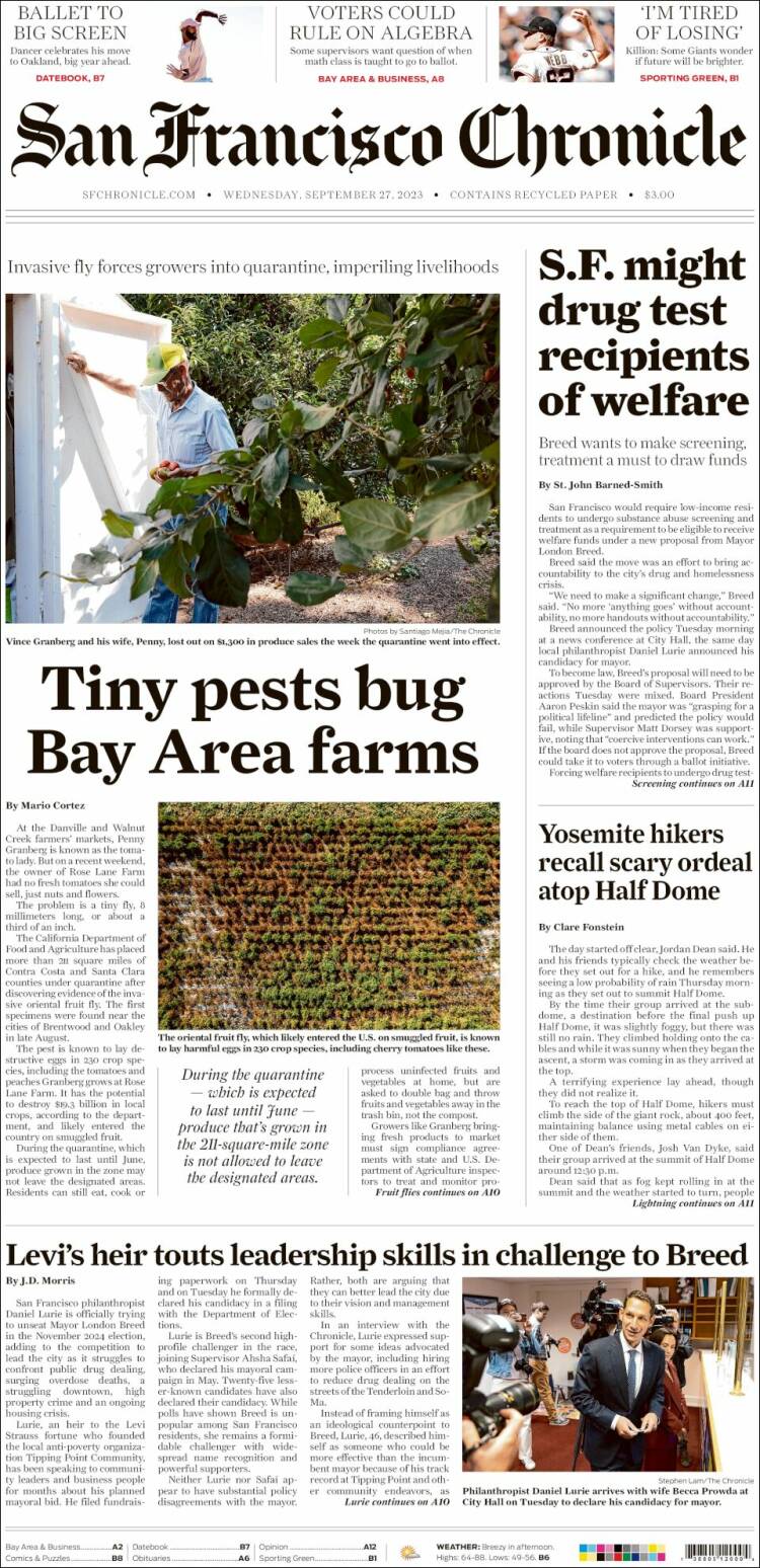 Portada de San Francisco Chronicle (USA)
