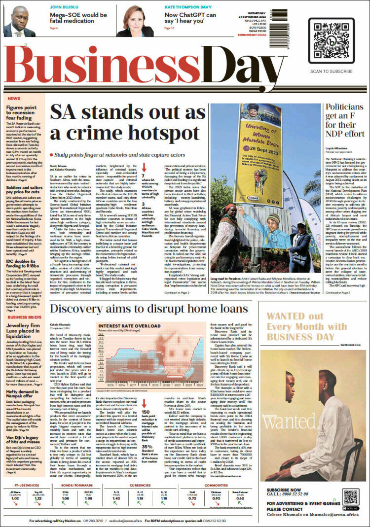 Portada de Business Day (Sud&aacute;frica)