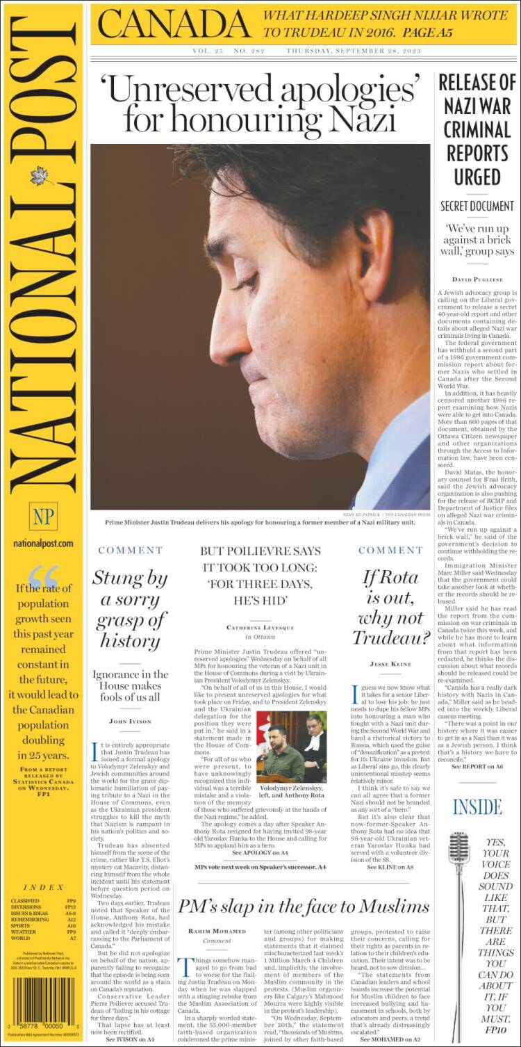 Portada de The National Post (Canadá)