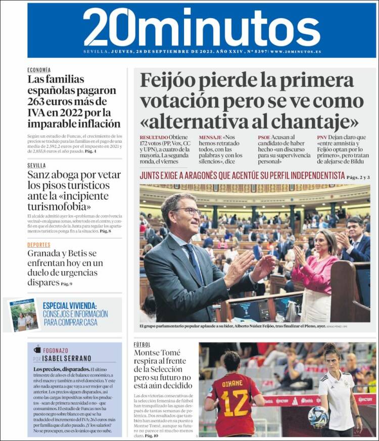 Portada de 20 Minutos - Sevilla (España)