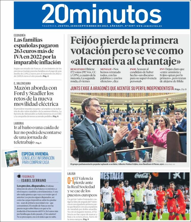 Portada de 20 Minutos - Valencia (España)