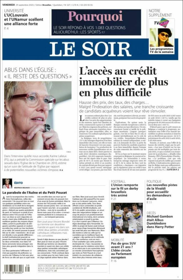 Portada de Le Soir (Belgium)