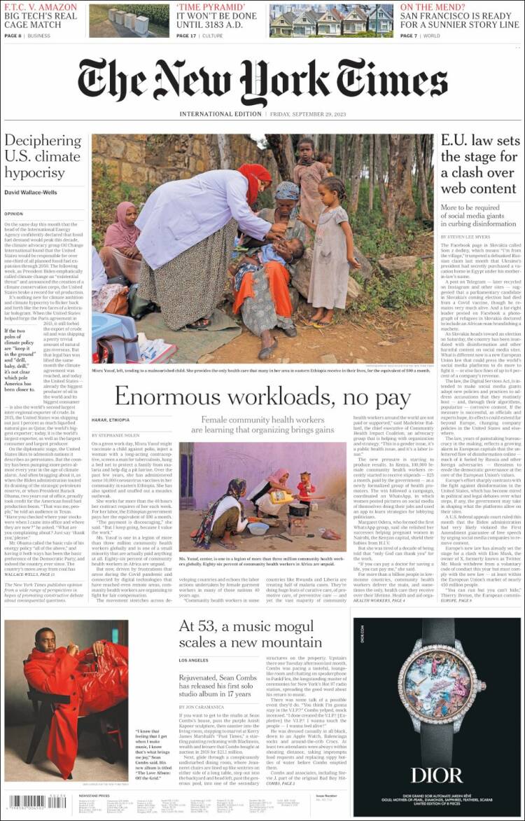 Portada de International New York Times (Europa)