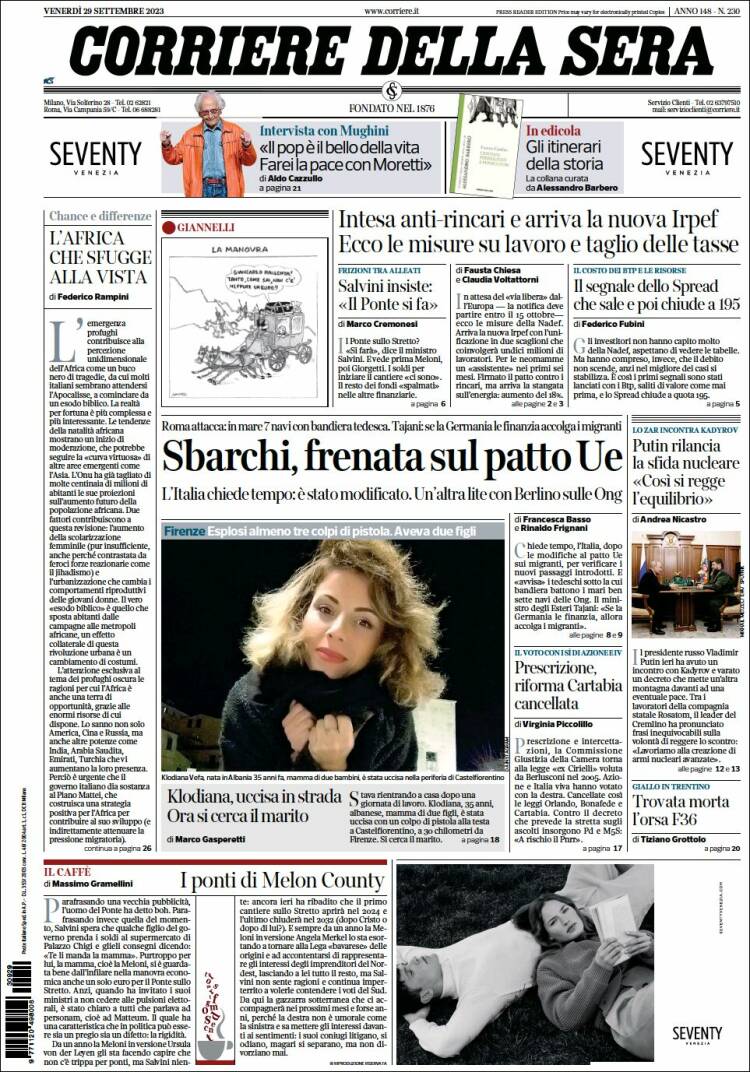 Portada de Corriere della Sera (Italia)