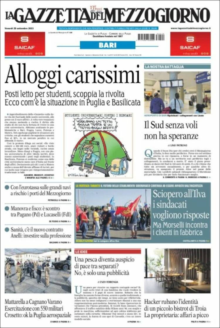 Portada de La Gazzetta del Mezzogiorno (Italia)