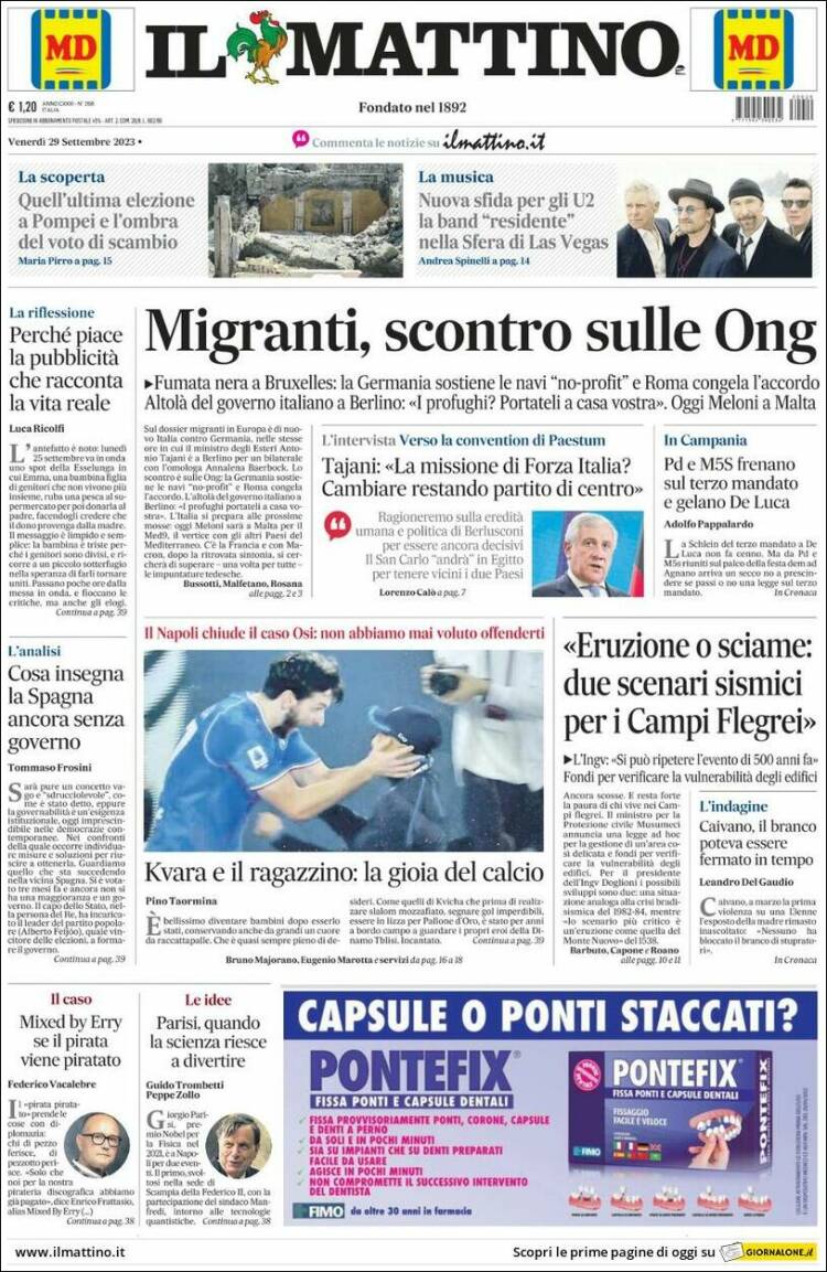 Portada de Il Mattino (Italia)