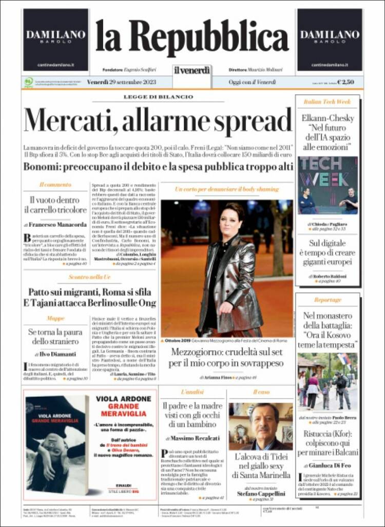 Portada de La Repubblica (Italia)