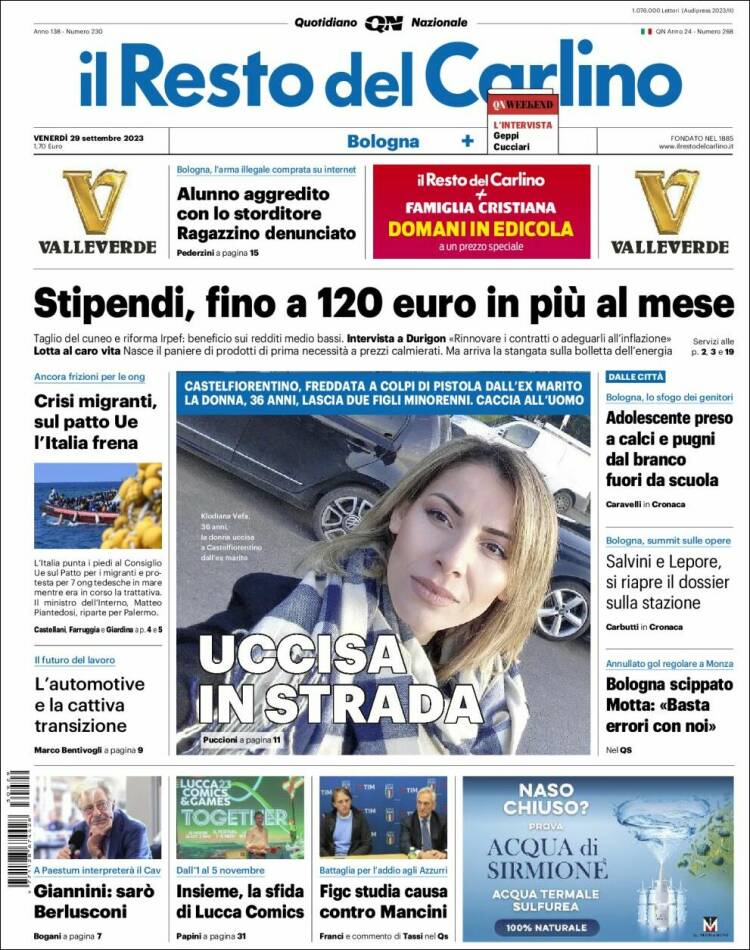 Portada de Il Resto del Carlino (Italia)