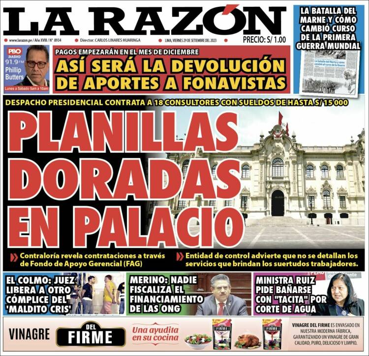 Portada de La Razón (Per&uacute;)