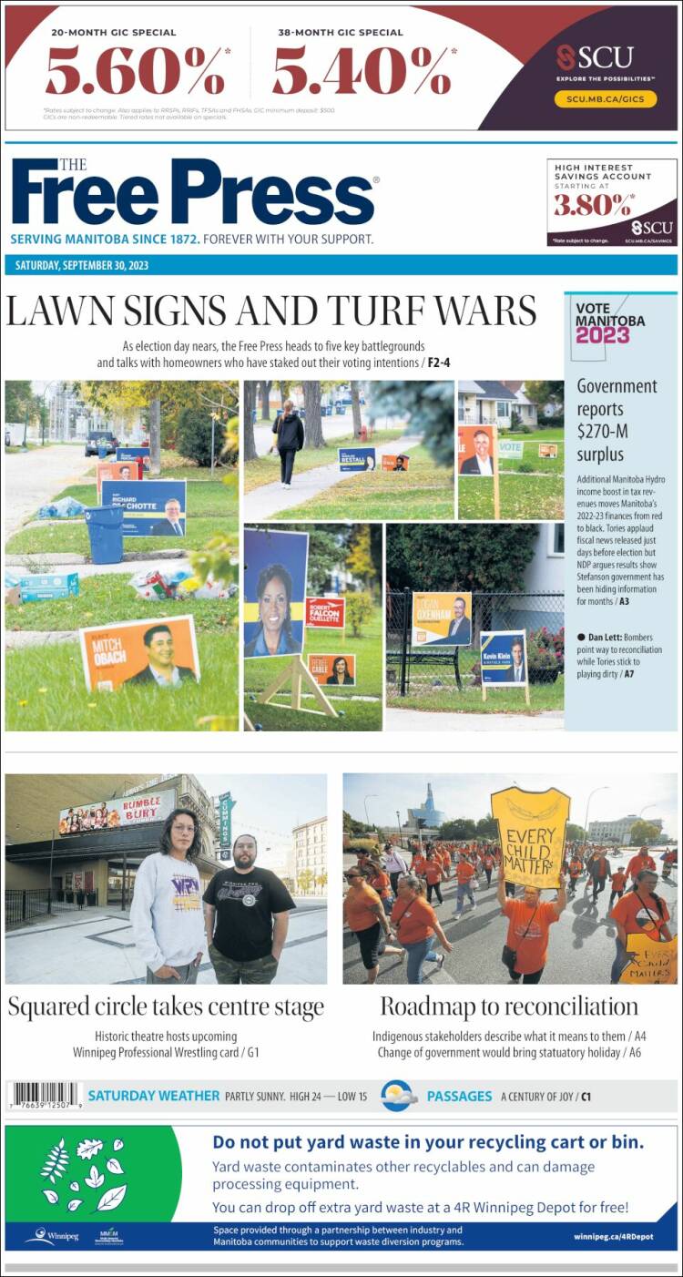 Portada de Winnipeg Free Press (Canadá)