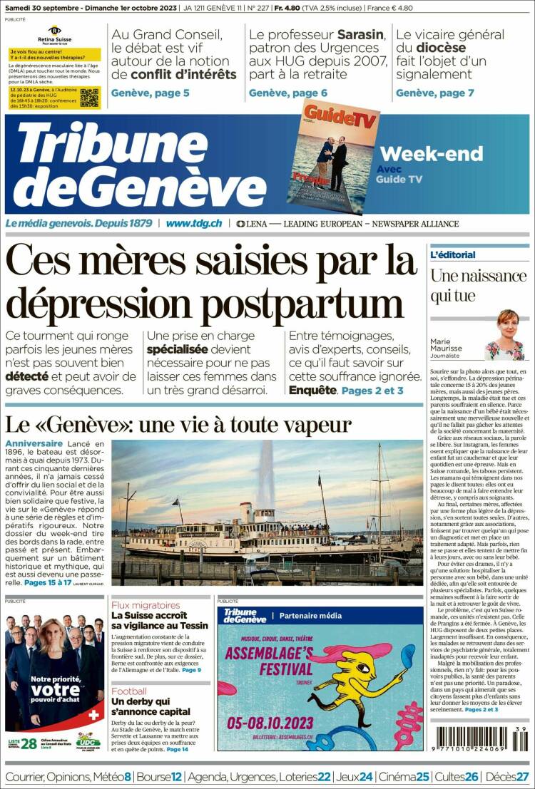 Portada de La Tribune de Genève (Suiza)