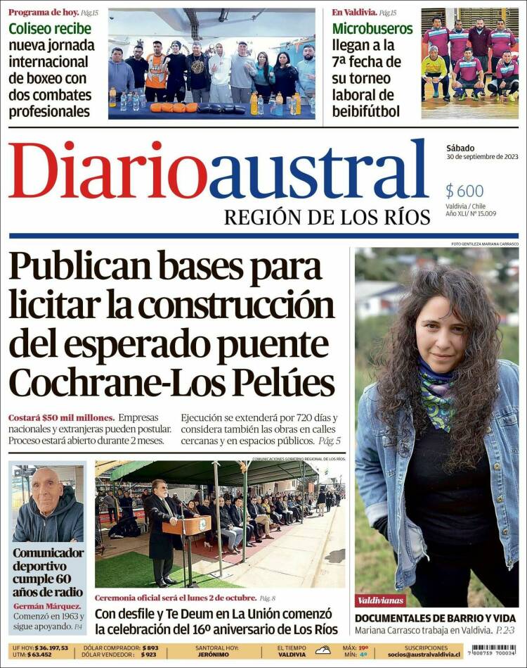 Portada de El Diario Austral de Valdivia (Chile)