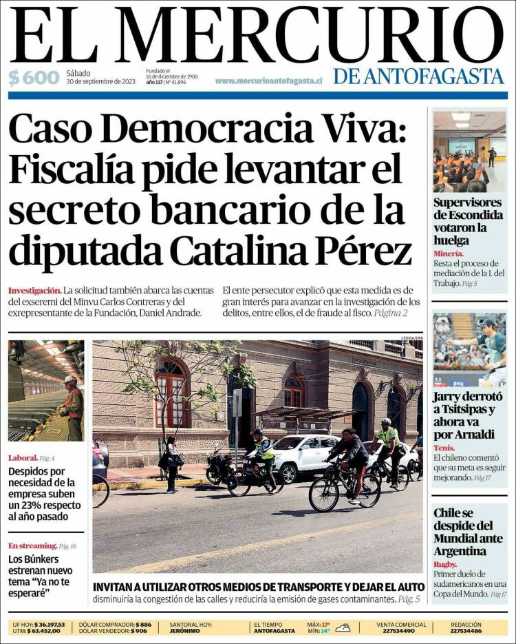 Portada de El Mercurio de Antofagasta (Chile)