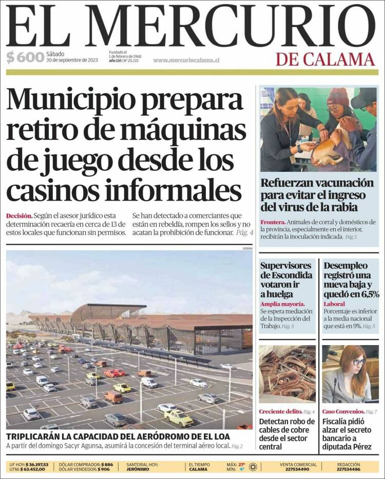 Portada de El Mercurio - Calama (Chile)