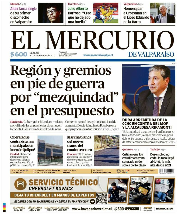 Portada de Mercurio de Valparaiso (Chile)