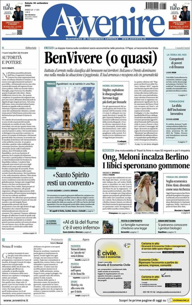 Portada de Avvenire (Italia)