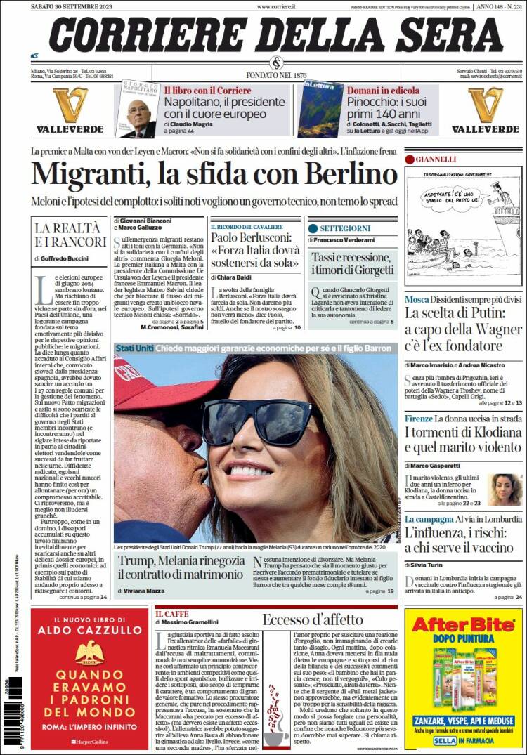 Portada de Corriere della Sera (Italia)