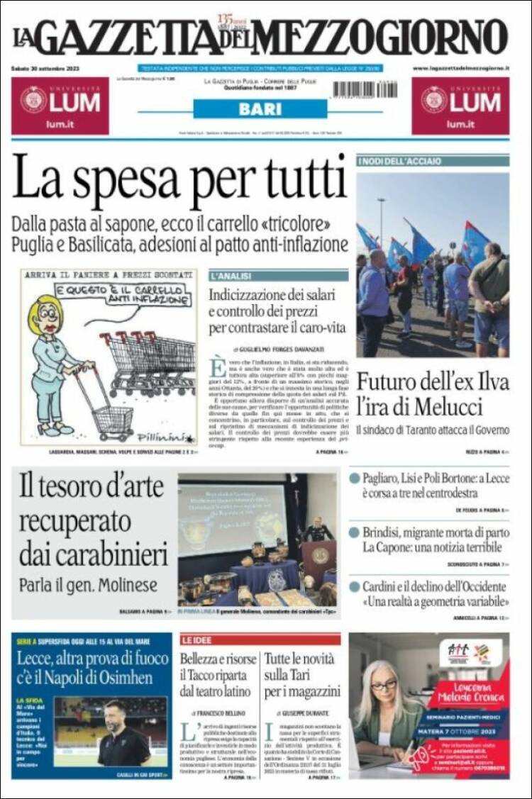 Portada de La Gazzetta del Mezzogiorno (Italia)