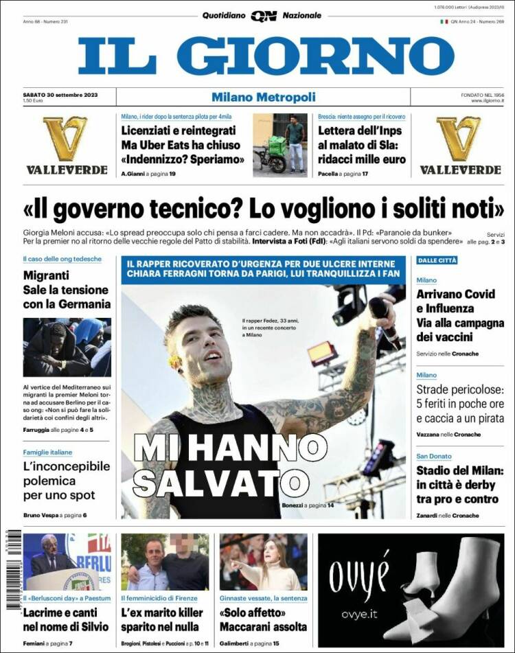Portada de Il Giorno (Italia)