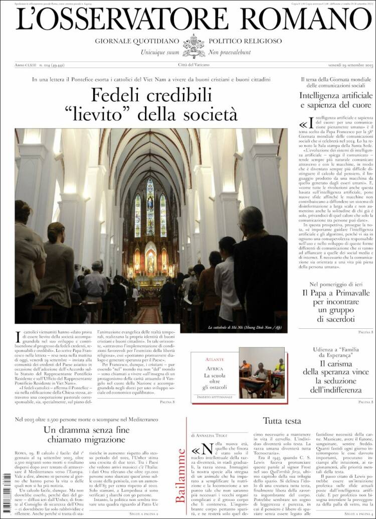 Portada de L'Osservatore Romano (Italia)