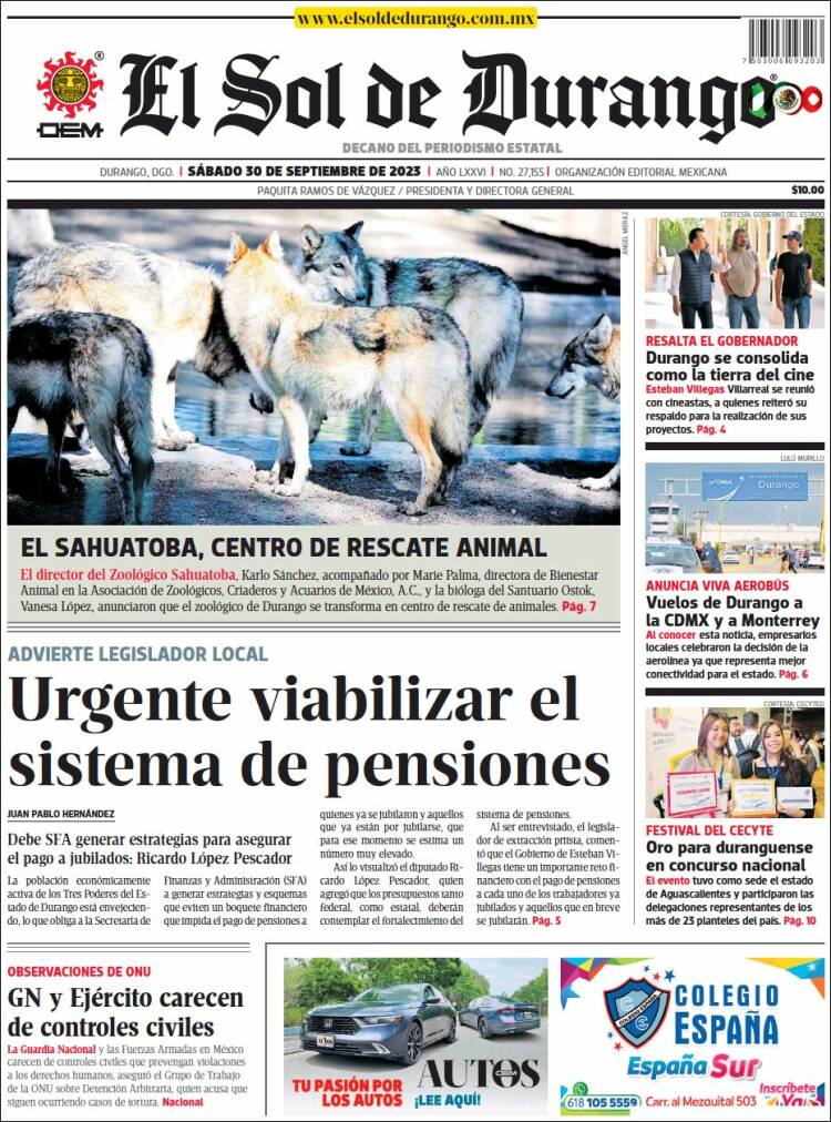 Portada de El Sol de Durango (M&eacute;xico)