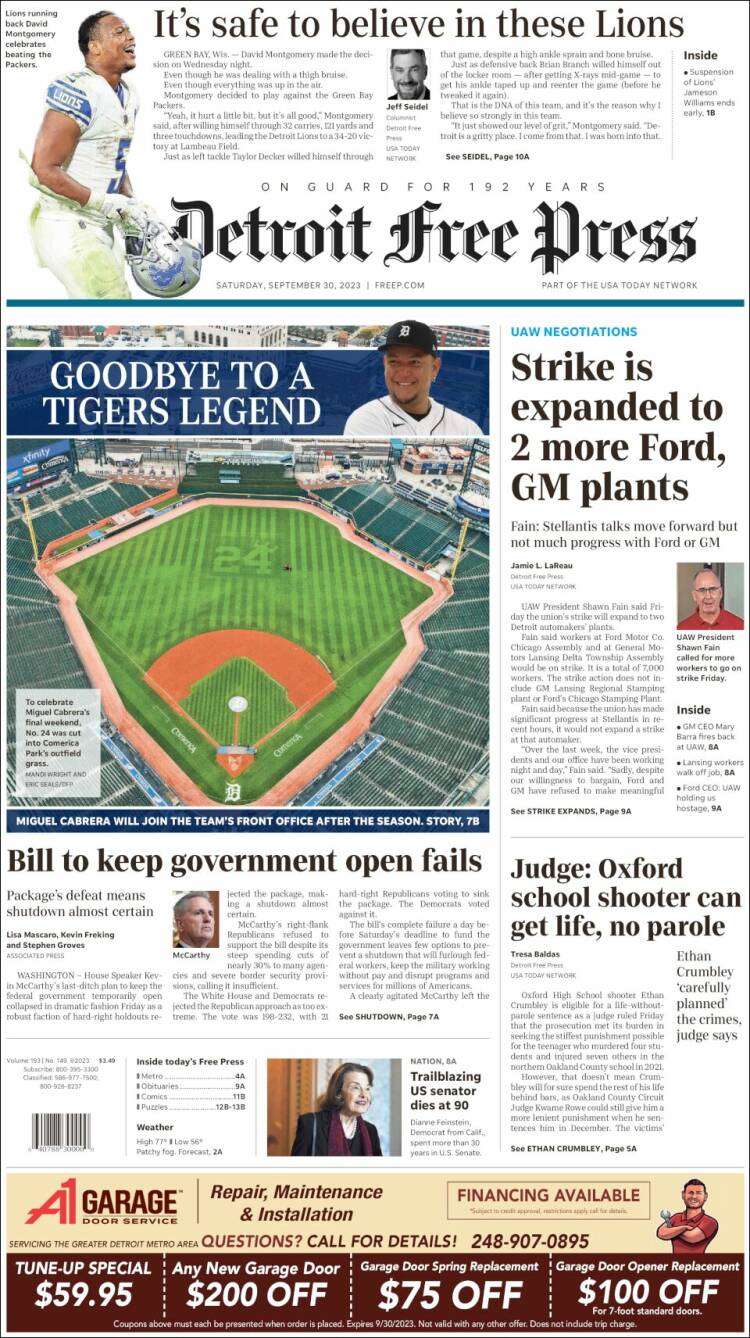 Portada de Detroit Free Press (USA)