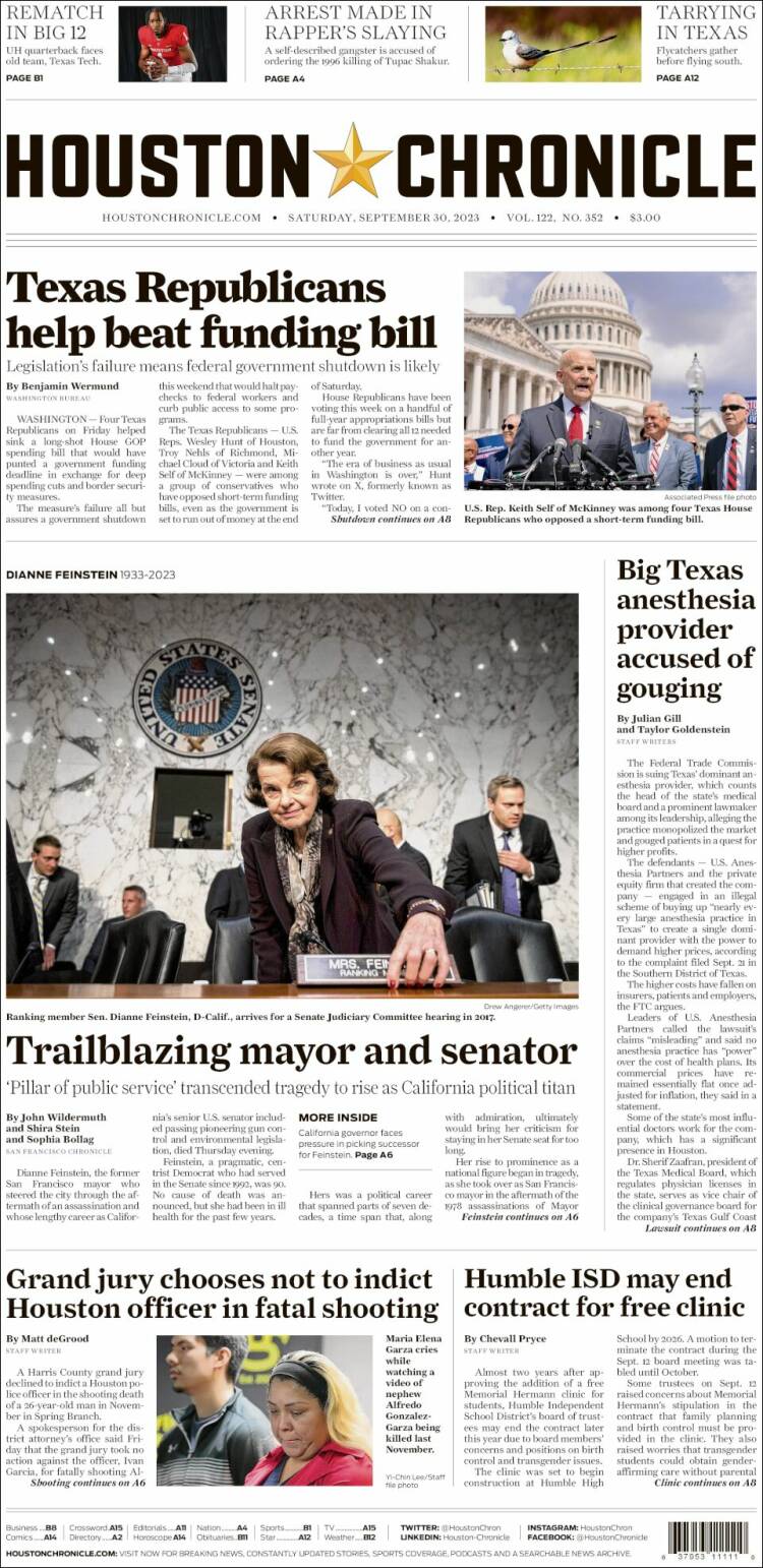 Portada de Houston Chronicle (USA)