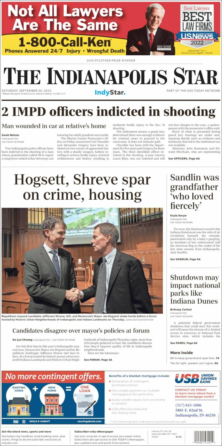 Portada de The Indianapolis Star (USA)