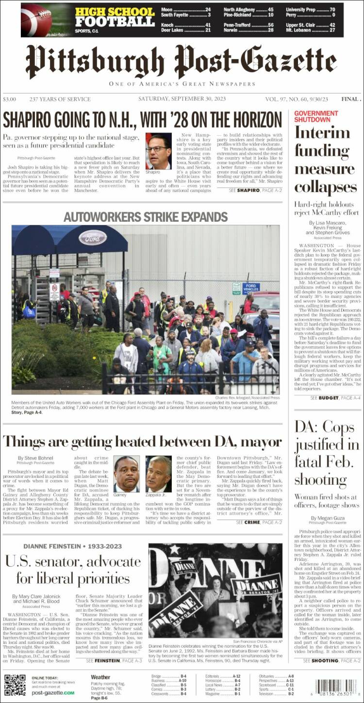 Portada de Pittsburgh Post-Gazette (USA)