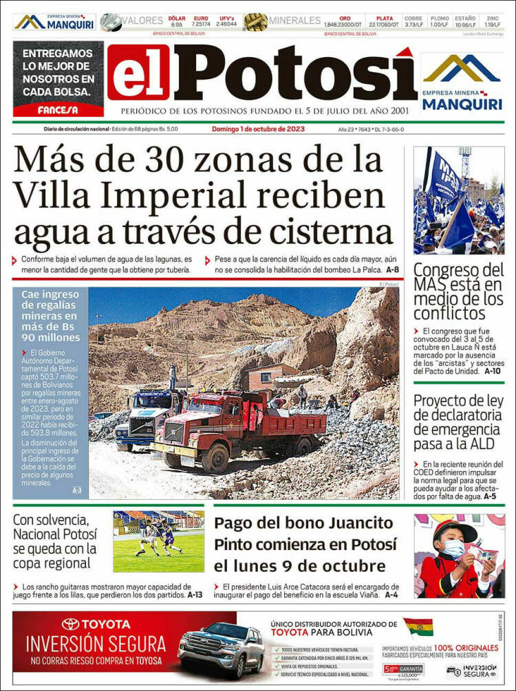 Portada de Diario de Potosí (Bolivia)