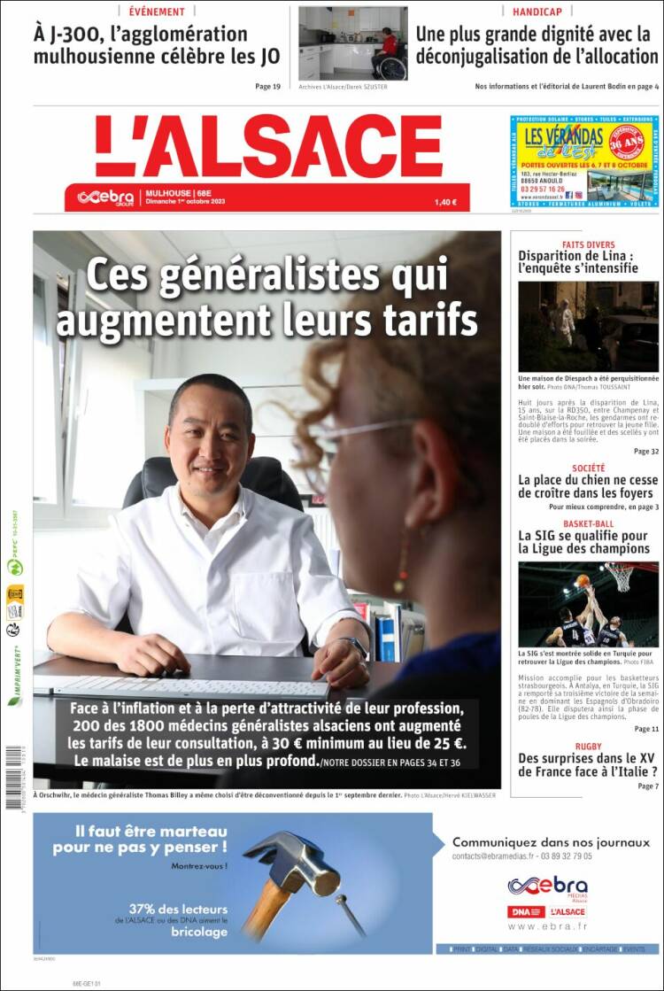 Portada de Journal L'Alsace (Francia)