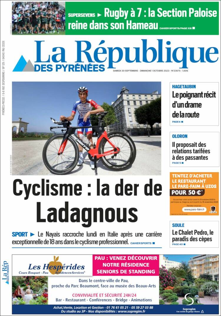 Portada de La République des Pyrénées (Francia)
