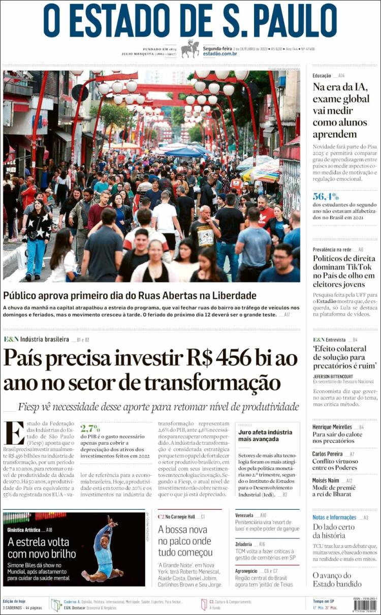 Portada de O Estado de São Paulo (Brasil)