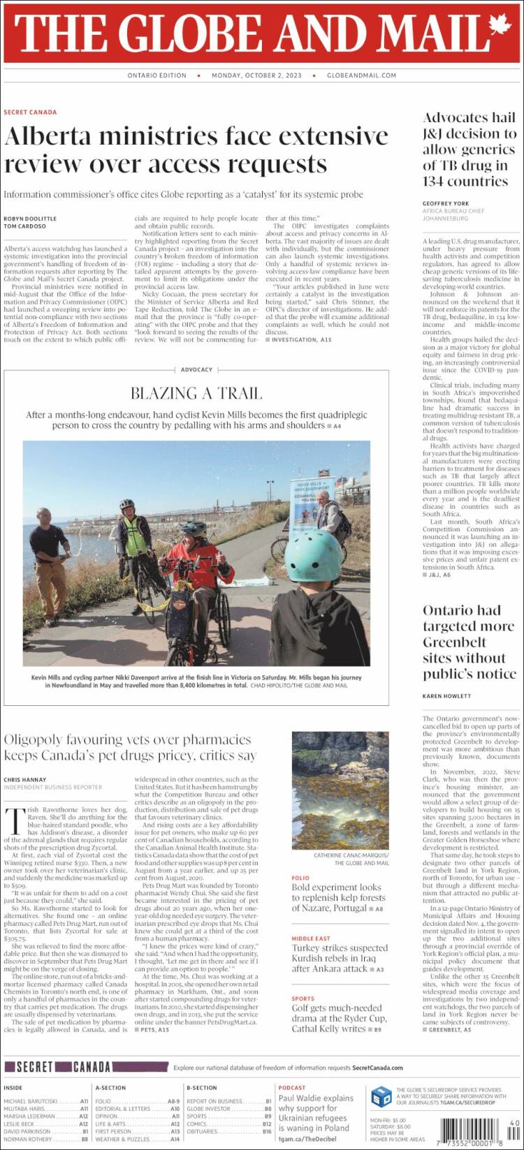 Portada de The Globe and Mail (Canadá)