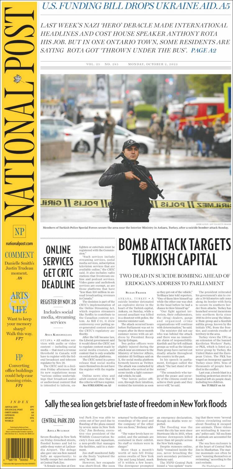 Portada de The National Post (Canadá)