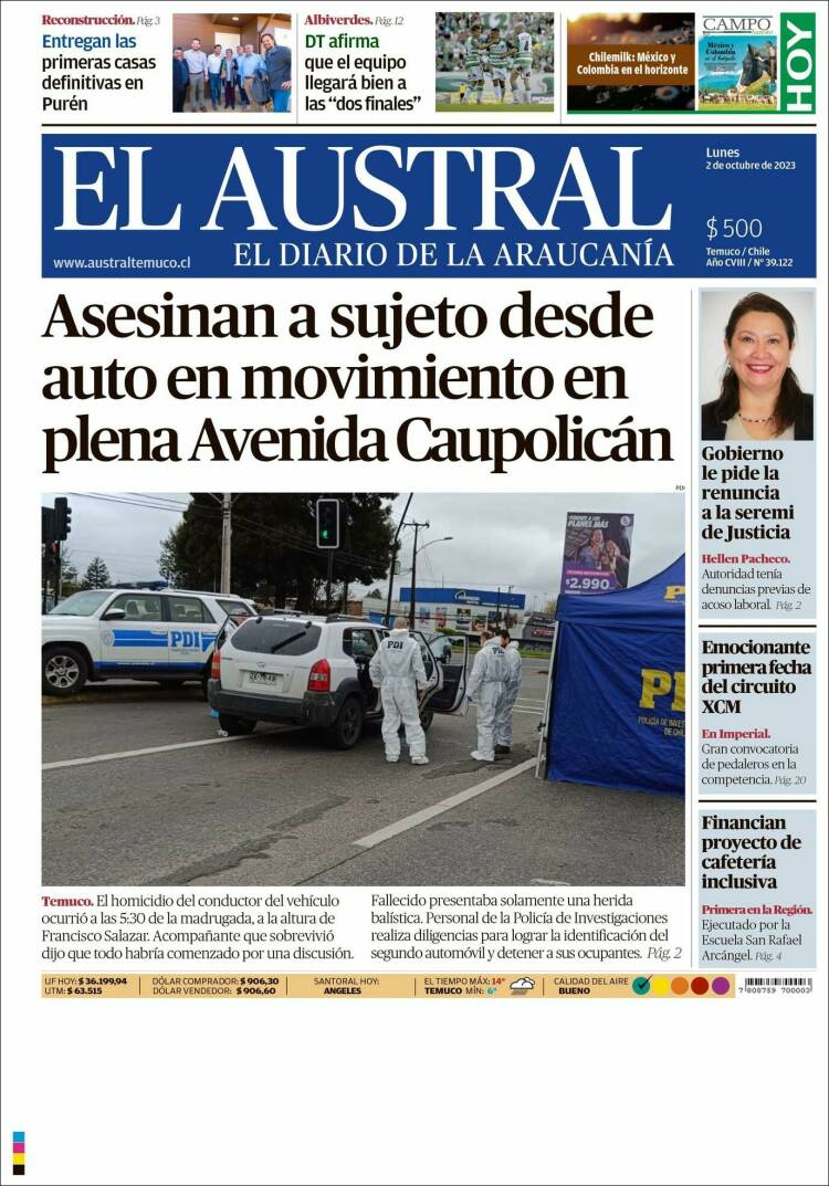 Portada de El Austral de Temuco (Chile)